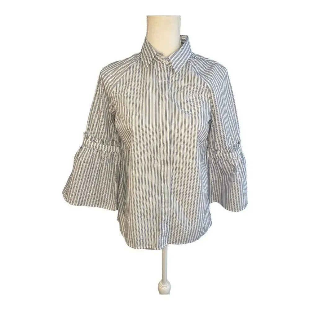 Banana Republic XS Blue & White Striped Button Down Tie Bell Sleeve Top